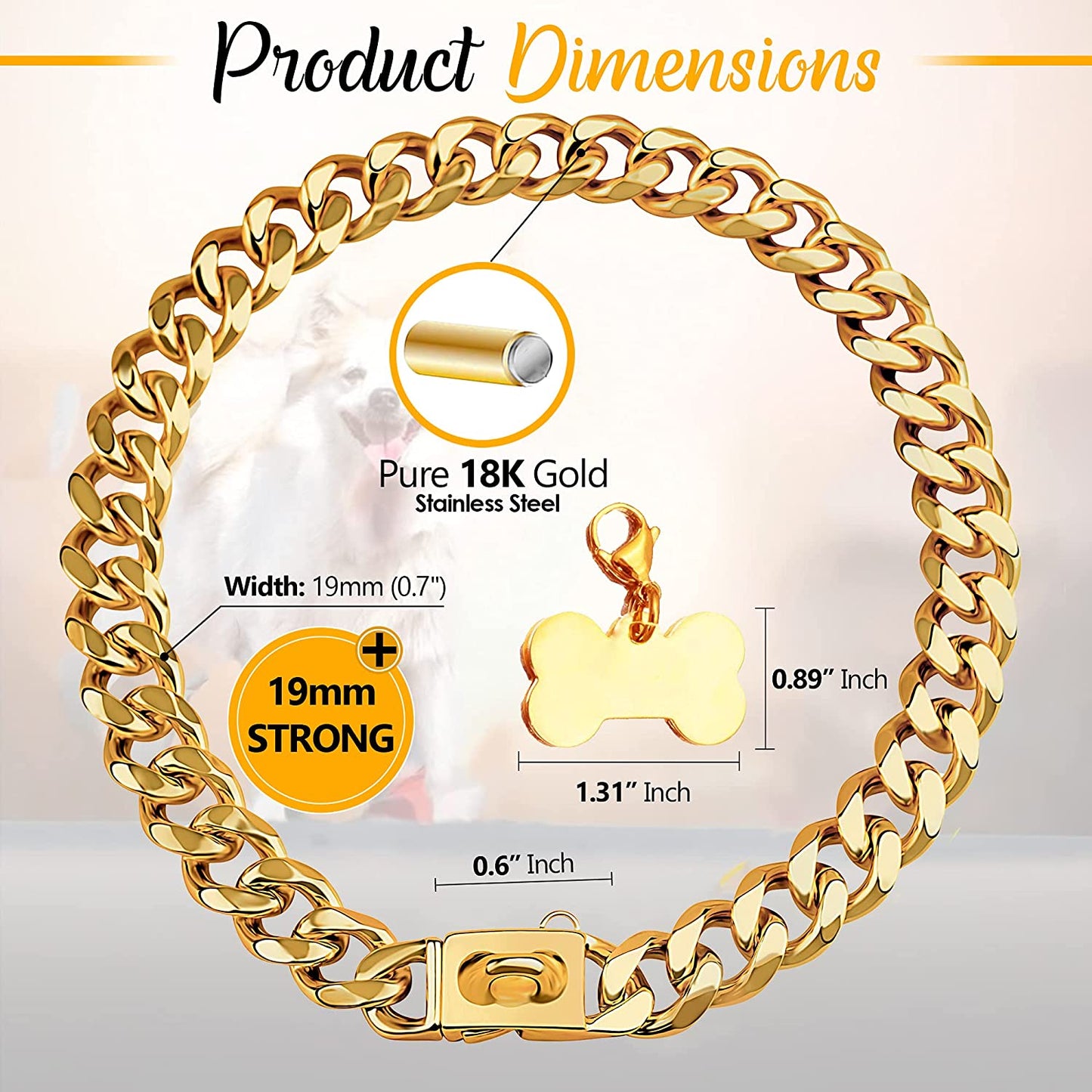 Gold Dog Chain Collar 19Mm Stainless Steel Cuban Link Chain Strong Heavy Duty Chew Proof Dog Necklace with Buckle for Luxury Training Dog Chain Collars for Medium Large Dog Gold Chain (16 Inch)